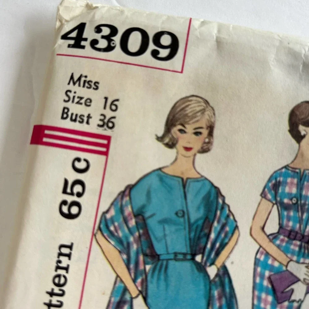 Simplicity Vintage 1960's Pattern #4309 Dress Jacket Stole Juniors Miss Size 16‎